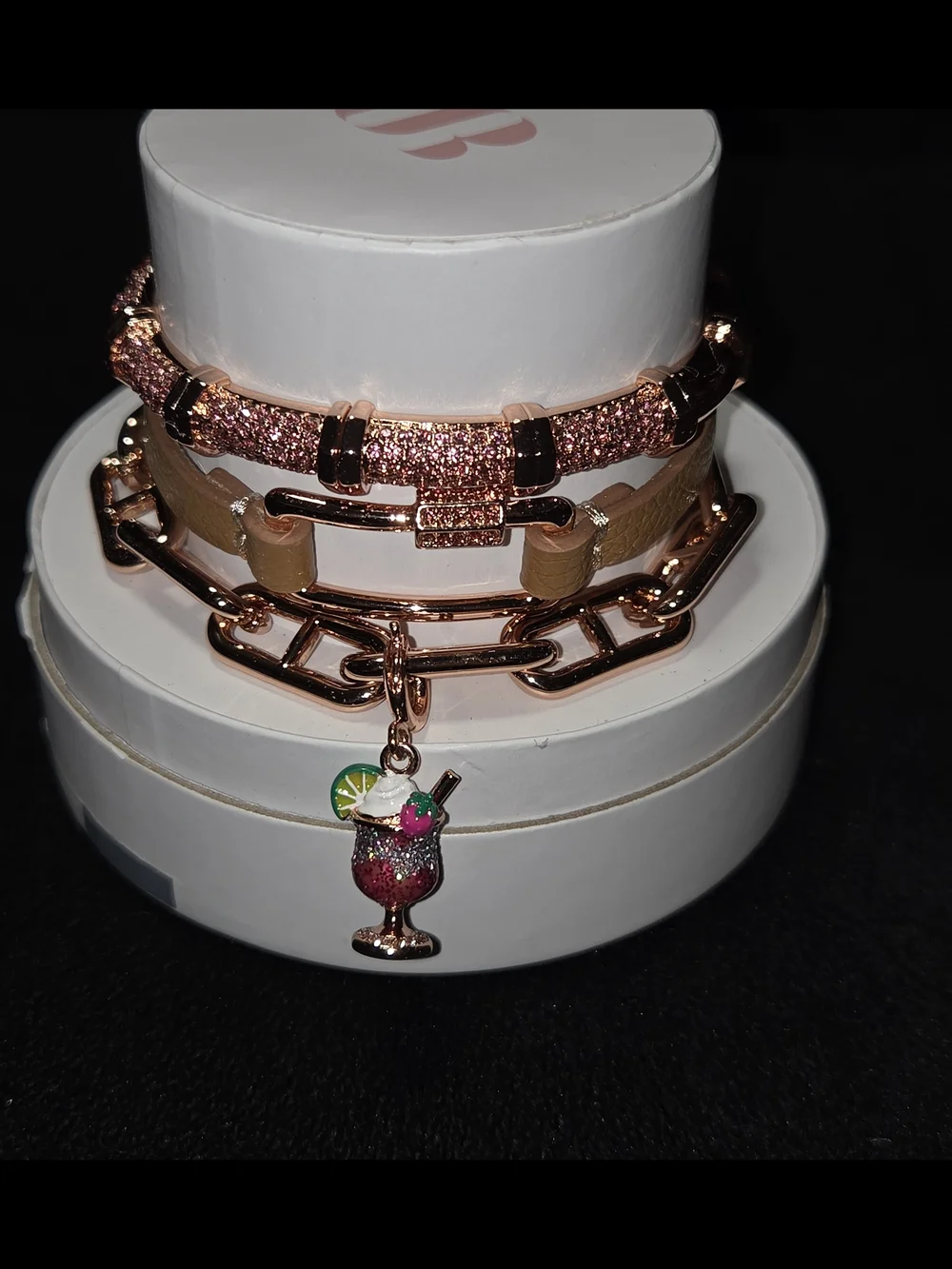 💎Rose Gold Pink Crystal Stackable Bracelet Set with Cocktail Charm💎